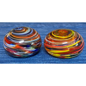 Vintage MCM Pair Paperweight Art Glass Red Yellow Orange Blue Colorful Swirl 70B
